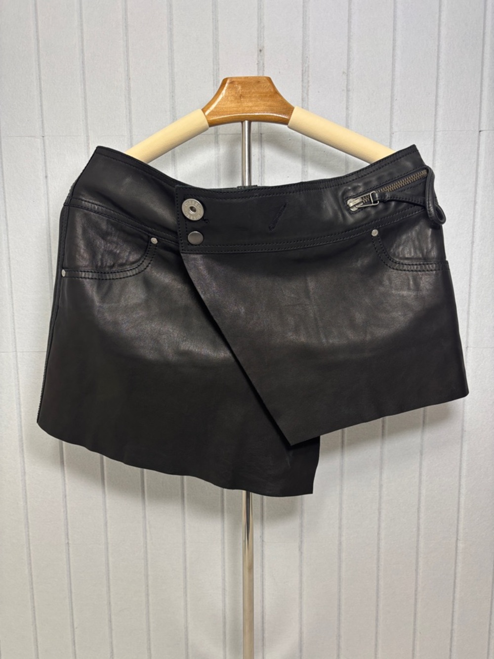 Diesel Vintage Black Leather Mini Skirt with Asymmetric Wrap Size 31